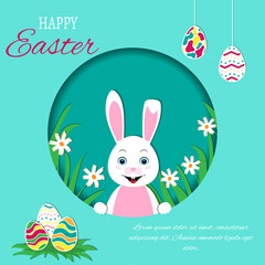 Colorful Easter square card with Rabbit and eggs. Paper style Place for text