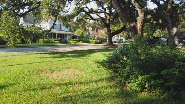 Luxury house with nice landscape. American suburban neighborhood. Residential family house, lush greenery. Autumn colors, Fall season, trees with yellow red. A bicycle passes on an asphalt road 4k