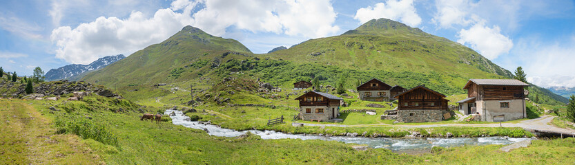 Fototapeta na wymiar rural village Am Rhin, idyllic Dischma valley, near Davos, spring landscape switzerland, prattigau