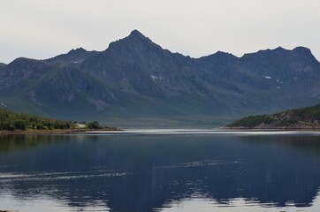 majestic fjord and mountain landscape on the island of Senja, northern Norway in summer