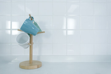 Modern white kitchen interior background with counter, Decoration top surface ceramic tile counter, Empty Copy space for text. for use mockup product display.