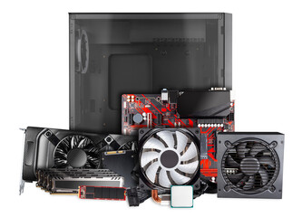 All parts and components for modern desktop computer. Mainboard power supply RAM M2 SSD hard disk...