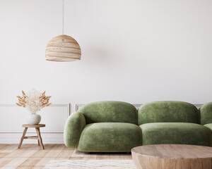 White living room in modern design, minimal clear space with green sofa and wooden furniture on empty background, 3d render - obrazy, fototapety, plakaty