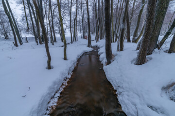 Olsovy creek near Petrovice village in Krusne mountains in winter cold morning