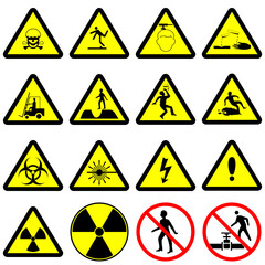 Industrial warning yellow sign vector set isolated on white background, please caution for working on construction site