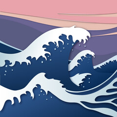 Postcard application from cut paper on the theme of Japanese prints. Sea and sky. Vector.