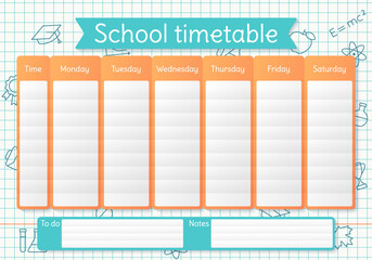 School timetable. Schedule for kids. Weekly time table with lessons. Student plan template on a sheet in a cage with linear school icons. Vector illustration. Educational classes diary on English, A4.