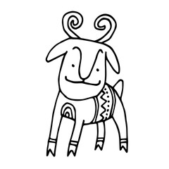 cute decorative goat with horns, mountain sheep, vector illustration with black ink contour lines isolated on a white background in doodle and hand drawn style
