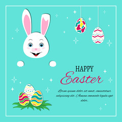 Happy Easter square card with Rabbit and eggs, suitable for print, social networks. Paper style Place for text