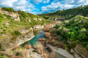 Fototapeta na wymiar Minerve in the South of France is a beautiful city with historic links to the Cathar. The gorge was carved by the river Cesse and the Brian