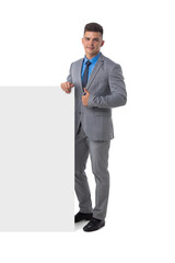 Business man in suit with banner