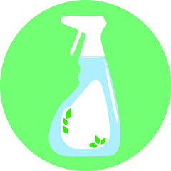 Organic, natural, environmentally friendly, safe cleaning agent. Vector illustration. The concept of natural ecological cleaning products. White bottle with spray bottle and green leaves  