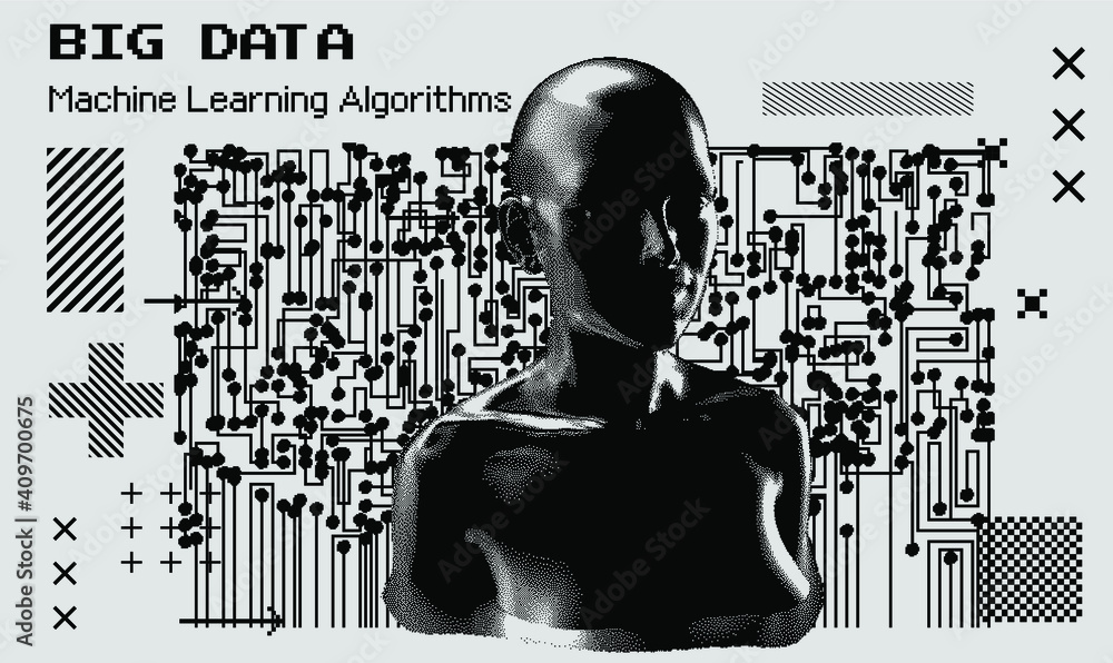 Aufkleber Pixelated and glitched portrait of android human, supreme artificial intelligence. Generative computer art.