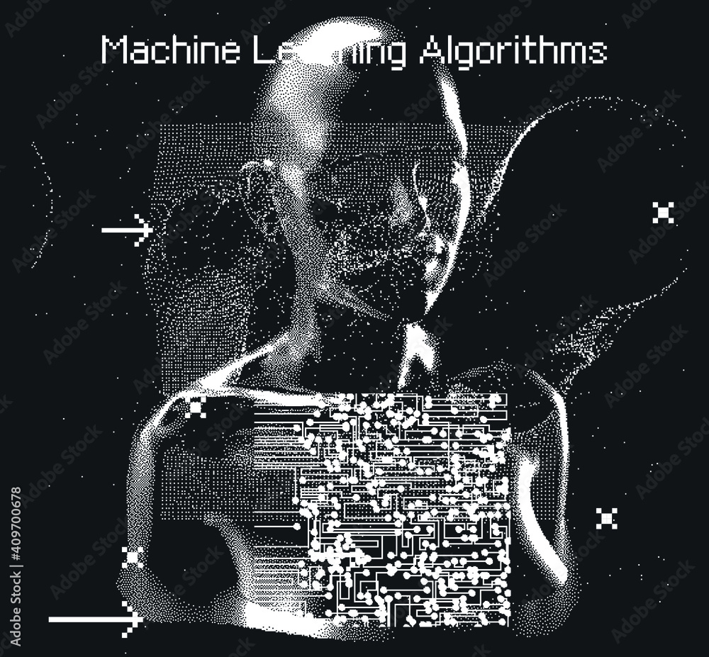 Poster Pixelated and glitched portrait of android human, supreme artificial intelligence. Generative computer art.