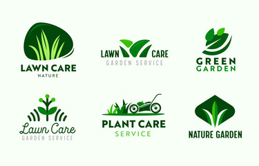 Set of Logo Garden and Lawn Care Service. Gardening Company Icons, Plants Care, Lawn Mower in Park, Nature Eco Village