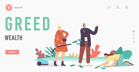 Naklejka premium Love Money, Greed Wealth, Cupidity Landing Page Template. Greedy Characters Excited to Gain Money, Gripping Dollar Bills