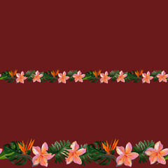 Red Seamless border of Tropical Hawaii leaves and flowers for duct tape, adhesive tape, ribbons, fabric trim, footer, letterhead. Gouache hand drawn illustrati