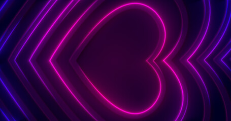 Purple pink neon hearts on dark background. Happy Valentines Day concept. Romantic minimal 3d tunnel. Banner for event, love story, text box, blank frame, wedding invitation. Neumorphism modern style