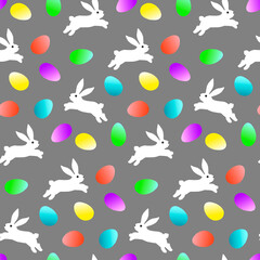 Pattern with white bunnies and Easter eggs. Easter story on a gray background for the decorations, wrapping paper, textile, and scrapbooking. Vector illustration.