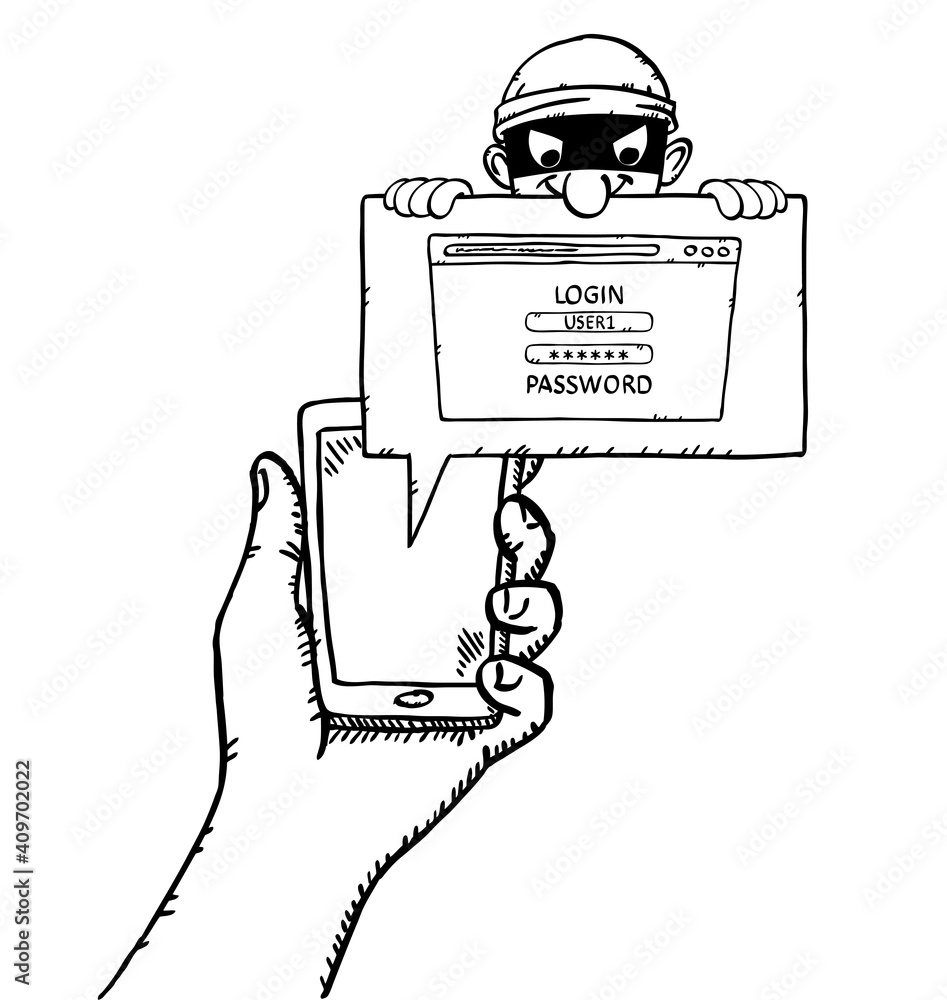 Poster black and white, doodle style vector illustration of hand holding smartphone and masked hacker spyin