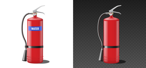 Obraz premium Realistic red fire water extinguisher with nozzle. Portable fire extinguishing equipment
