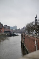Speicherstadt in Hamburg, Germany on a cloudy day