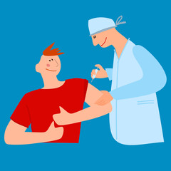 Vaccination time concept. Stop coronavirus concept. Doctor inoculates male patient, making vaccine injection in shoulder. Vector illustration. Banner, poster, social media post