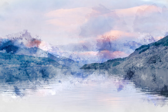 Digital watercolor image of Majestic landscape image across Loch Lomond looking towards snow capped Ben Lui mountain peak in Scottish Highlands