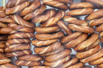 Turkish bagels. Stack of fresh traditional Turkish pastries Simit.