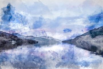 Fototapeta na wymiar Digital watercolor image of Majestic landscape image across Loch Lomond looking towards snow capped Ben Lui mountain peak in Scottish Highlands