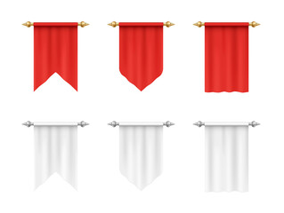 Blank white and red mock up pennants flags of various shapes. Hanging banners realistic set