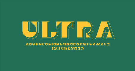 Ultra yellow font, elegant modern alphabet, letters and numbers, vector illustration 10EPS