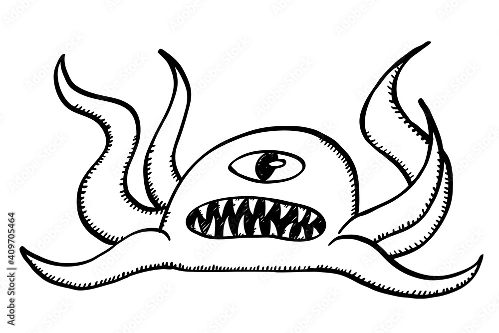 Poster black and white sketch style vector illustration of computer virus. one eyed monster is a symbol of 