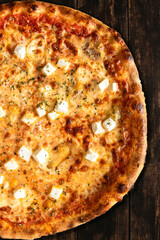 Tasty Pizza on Wooden Boards. Top Down Overhead View. Menu Brochure Layout Design.