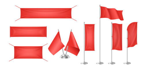 Red textile flags banners with folds template set. Isolated advertising mockup