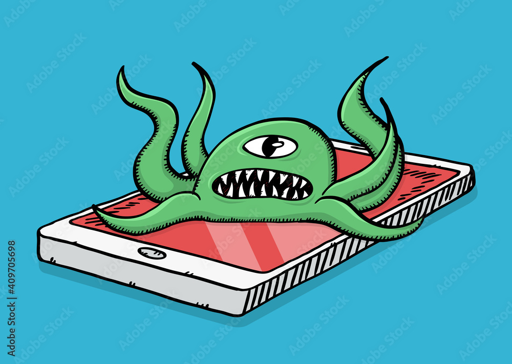 Poster colorful, sketch style vector illustration of computer virus attacking smartphone. one eyed monster 