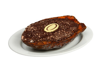 Ice cream in cocoa pod on white oval plate