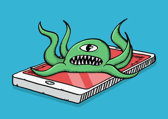 Colorful, sketch style vector illustration of computer virus attacking smartphone. One eyed monster is a symbol of computer virus. © Animation_vector