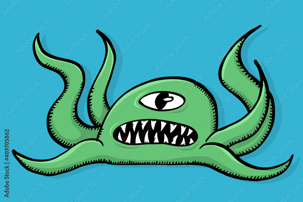 Poster colorful, sketch style vector illustration of computer virus. one eyed monster is a symbol of comput