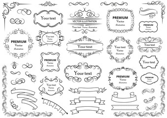 Calligraphic design elements . Decorative swirls or scrolls, vintage frames , flourishes, labels and dividers. Retro vector illustration
