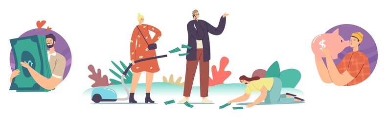 Love Money, Greed, Cupidity Concept. Greedy Male and Female Characters Excited to Gain Money, Kiss Piggy Bank