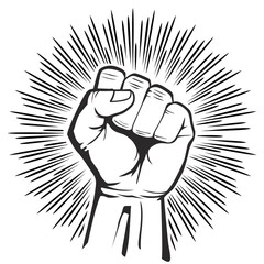 Raised hand with clenched fist. Protest symbol. Flat design, vector on transparent background