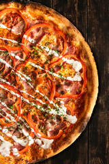 Tasty Pizza on Wooden Boards. Top Down Overhead View. Menu Brochure Layout Design.