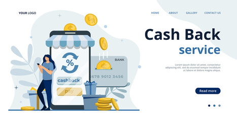 Online cashback concept.Saving money.Phone screen with cash back and bonus card.Money transfer.Online banking flat illustration.Saving money.Earn points.Money refund.Shopping online.Pay by card