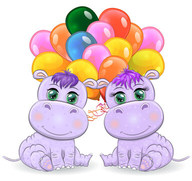 Cute cartoon hippo with beautiful eyes with balloons, a boy and a girl. greeting card, baby shower invitation card.