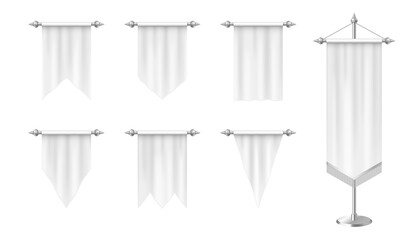 Realistic white pennants, vertical flags mockup isolated on white background