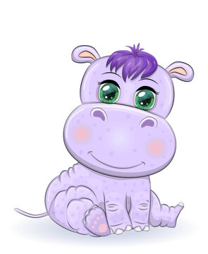 Cute hippo cartoon with beautiful eyes among flowers, hearts. print t-shirts, baby clothes fashion design, baby shower invitation card.