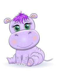 Cute hippo cartoon with beautiful eyes among flowers, hearts. print t-shirts, baby clothes fashion design, baby shower invitation card.