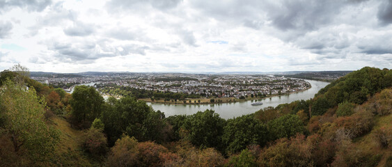 Obraz premium wide aerial panorama of rhine valley in koblenz germany with clouds