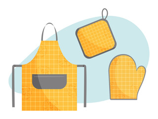 Apron, glove and porholder for cooking. Kitchenware. Vector illustration.